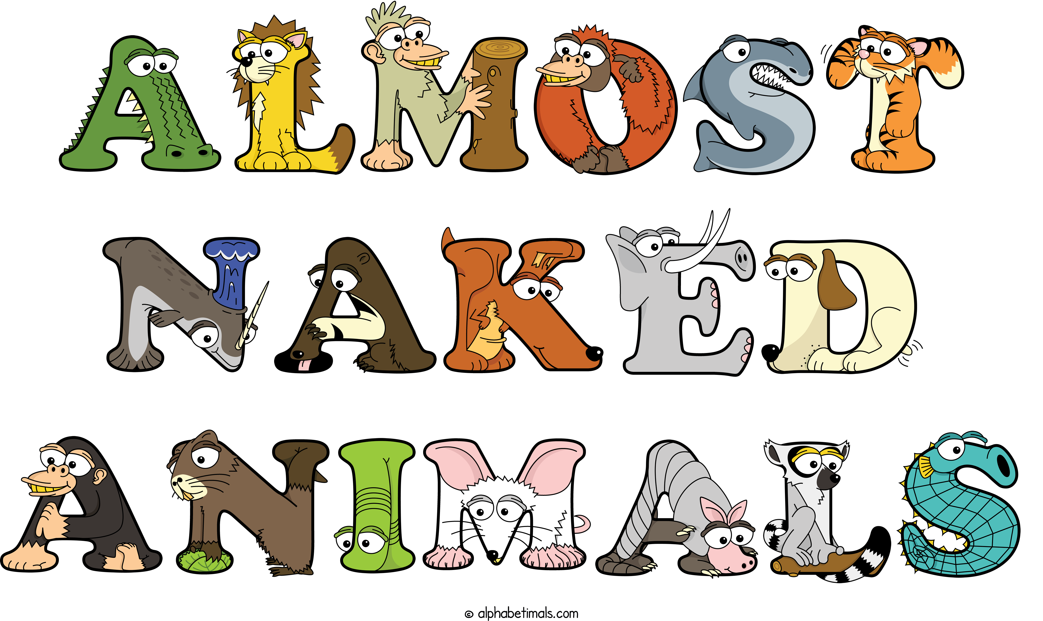 The word ALMOST NAKED ANIMALS written in fun cartoon animal word art